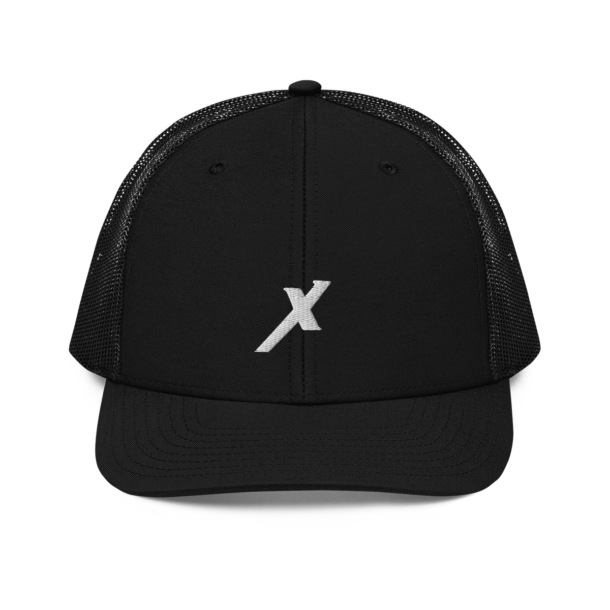 SIGNUMX Cross trucker hat, black – front, embroidered white X (Sign of the Cross)
