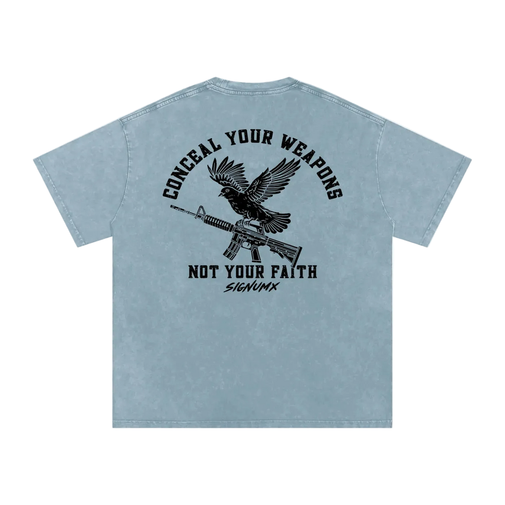 Blue Jeans Conceal Your Weapons Catholic Shirt, back print with dove and rifle