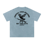 Blue Jeans Conceal Your Weapons Catholic Shirt, back print with dove and rifle