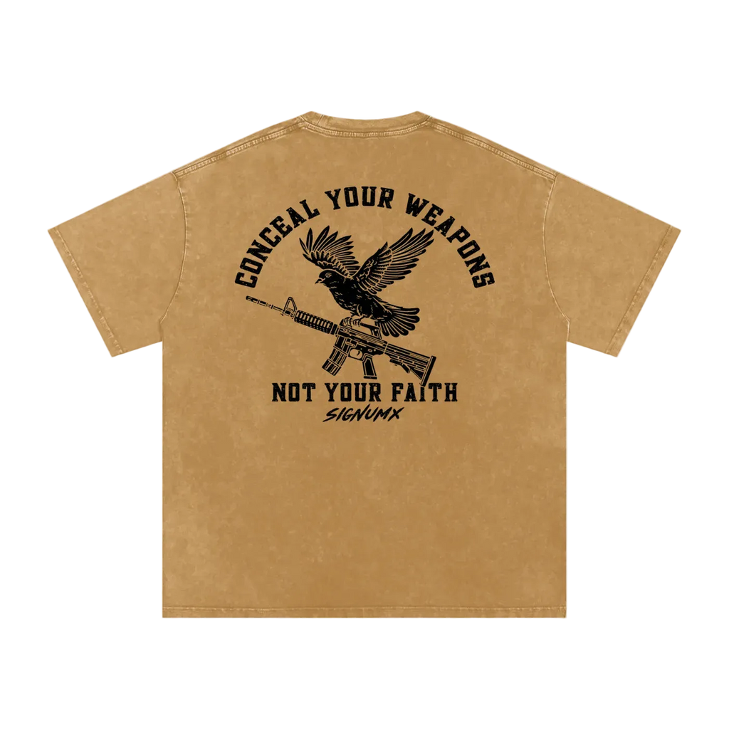 Bronze Conceal Your Weapons Catholic Shirt, back print with dove and rifle
