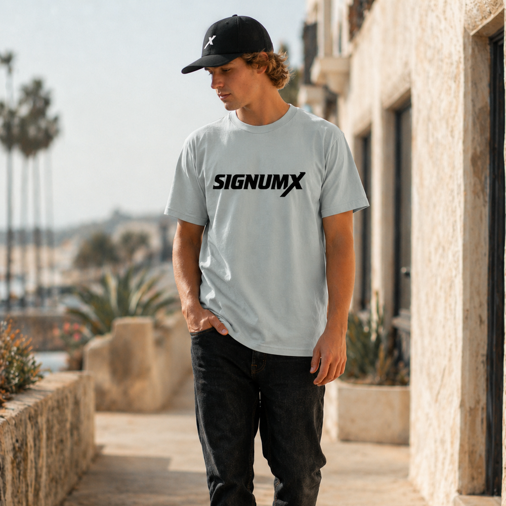 Man wearing agave SIGNUMX logo Catholic shirt, Sign of the Cross lifestyle