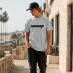 Man wearing agave SIGNUMX logo Catholic shirt, Sign of the Cross lifestyle