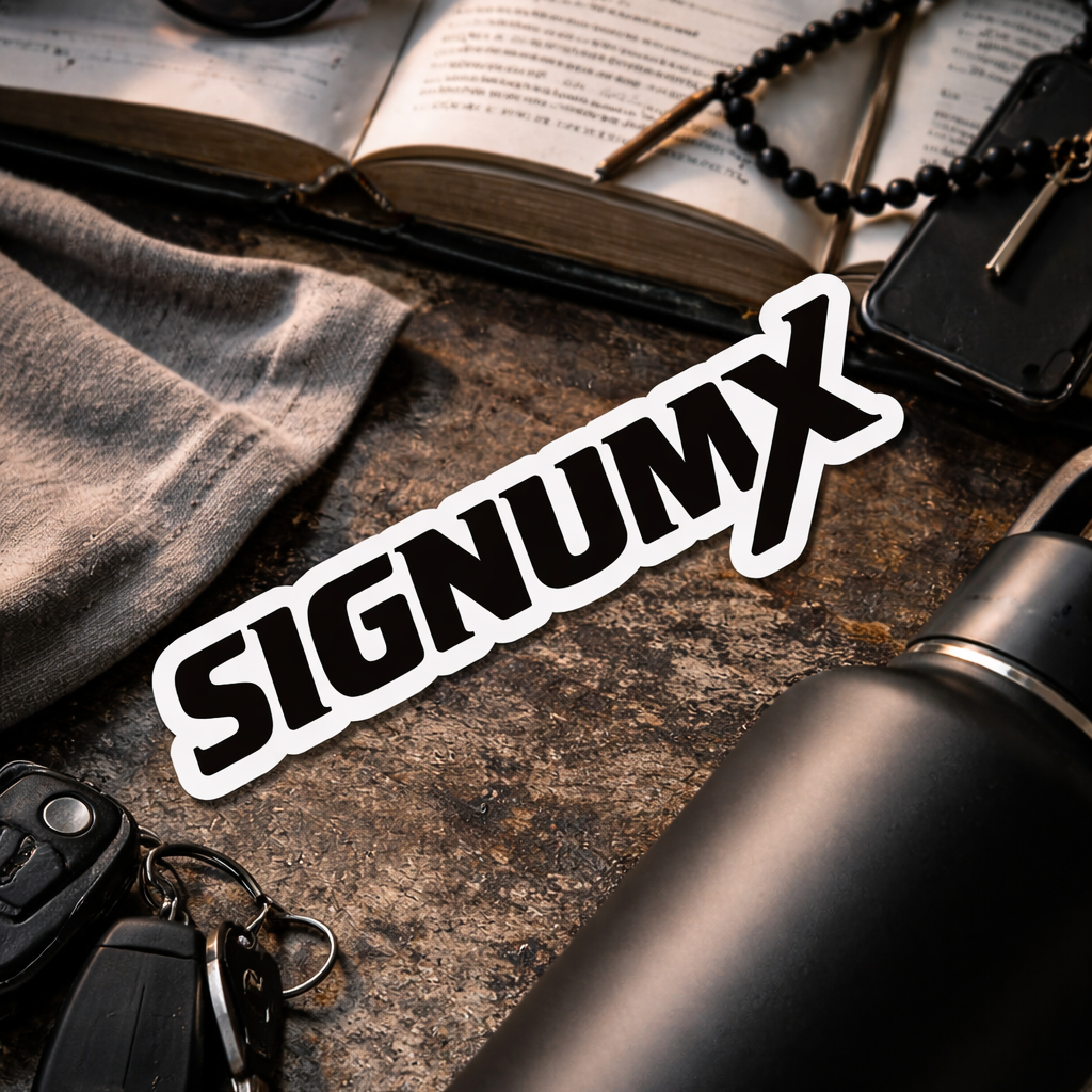 SIGNUMX Catholic logo sticker on black water bottle with everyday gear