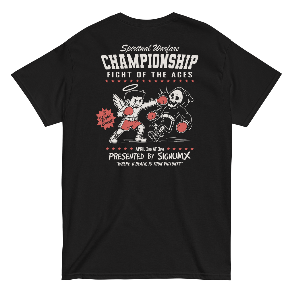 Black Fight of the Ages Catholic shirt, angel vs death back graphic