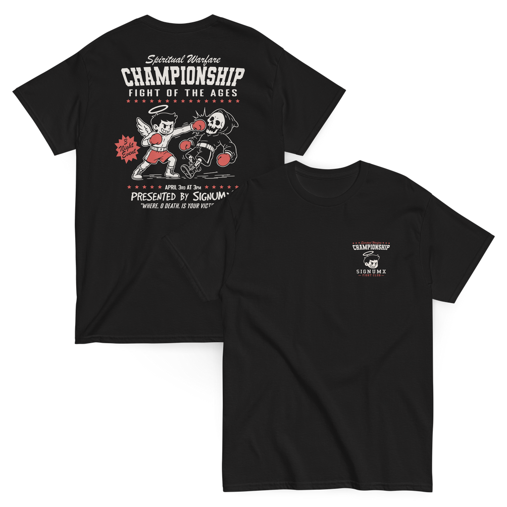 Black Fight of the Ages Catholic shirt, angel vs death front and back