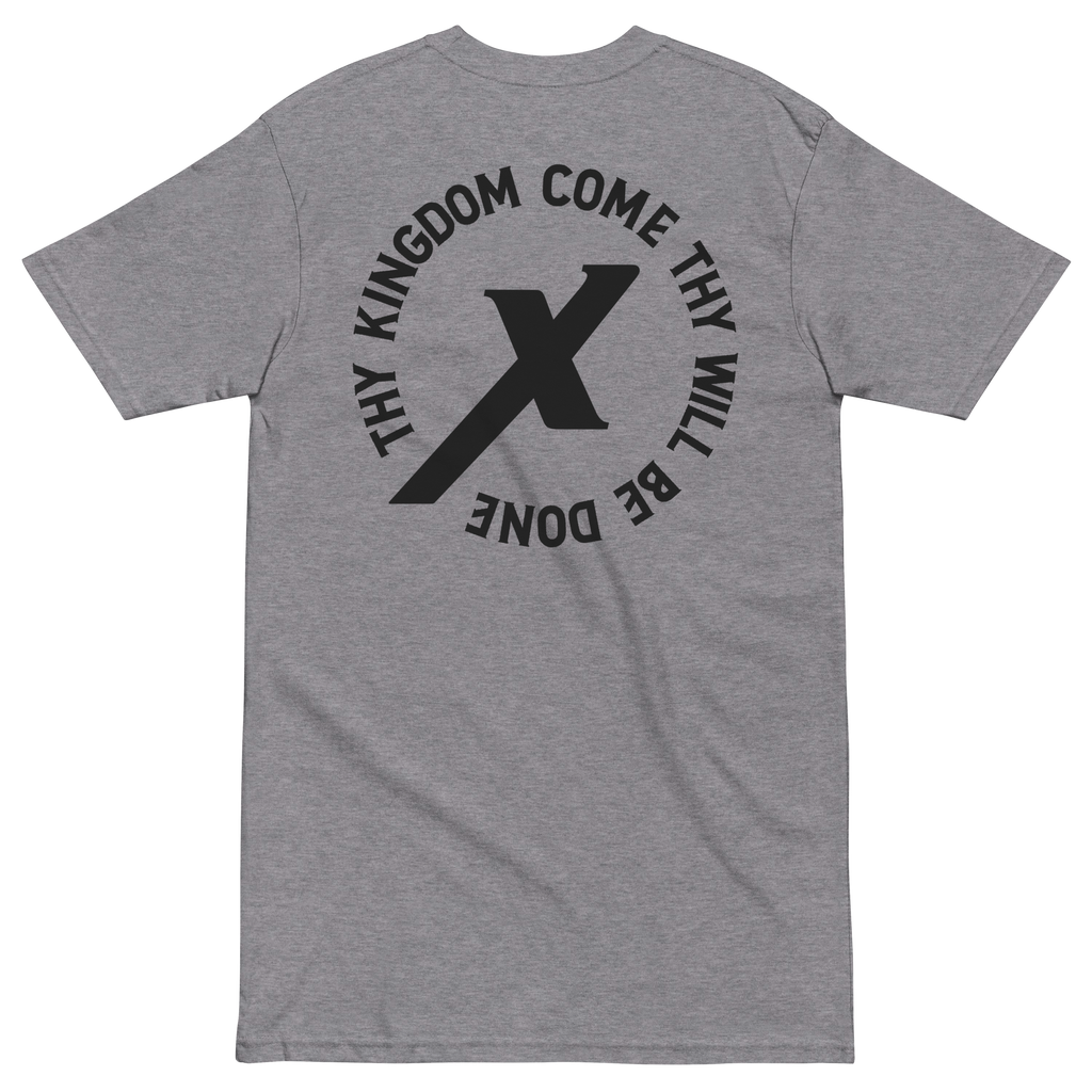 Gray Thy Kingdom Come Catholic Shirt, back print with Lord's Prayer seal