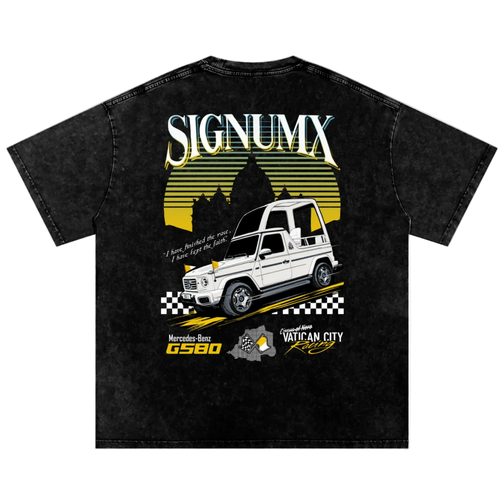 Washed black Vatican City Racing Catholic shirt, I finished the race back