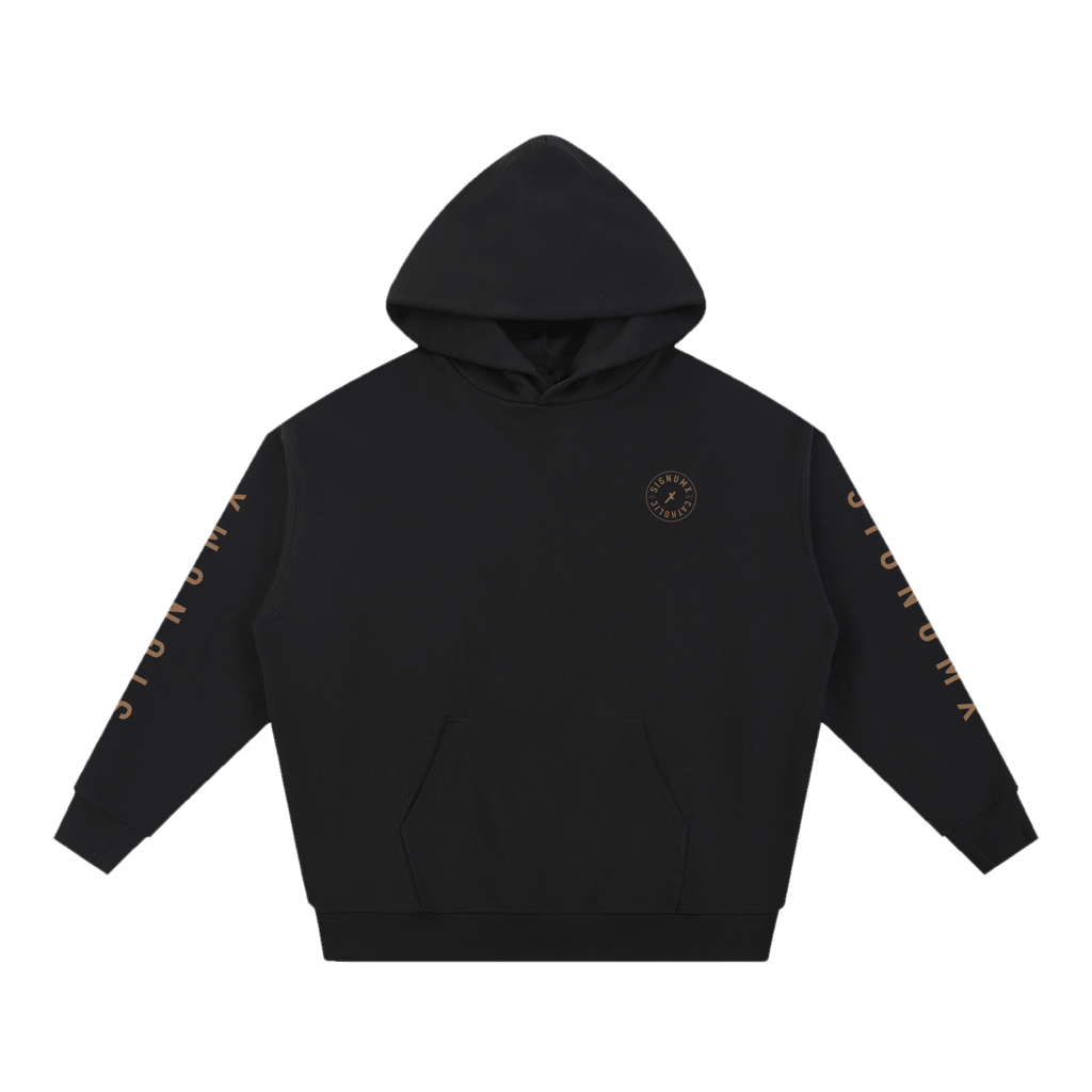 SIGNUMX Essential Hoodie in black, front with small crest on the chest and SIGNUMX on the sleeves