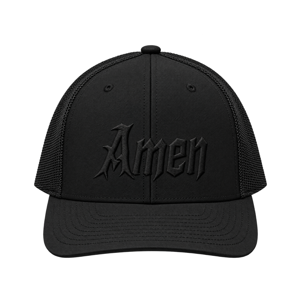 Black Amen trucker hat, tonal black embroidered Amen in blackletter script, front