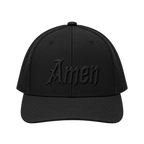 Black Amen trucker hat, tonal black embroidered Amen in blackletter script, front