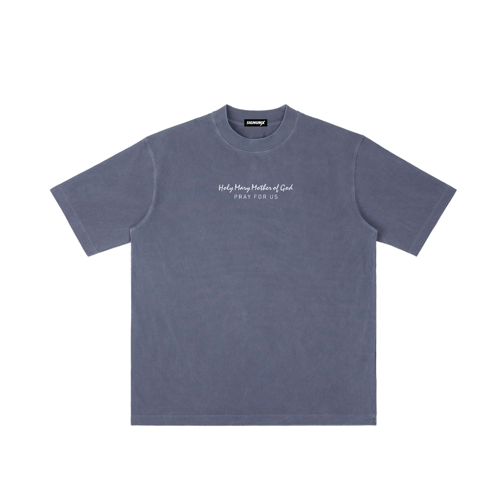 Holy Mary Mother of God | Pray for Us Embroidered Heavyweight Vintage Wash Drop-Shoulder Shirt in Navy Blue - Front