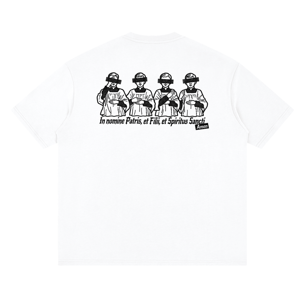 White In Nomine Patris shirt back, altar boys making the Sign of the Cross with Latin prayer