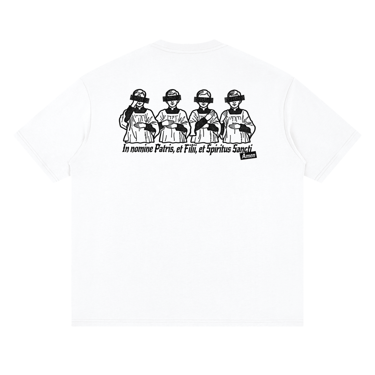 White In Nomine Patris shirt back, altar boys making the Sign of the Cross with Latin prayer