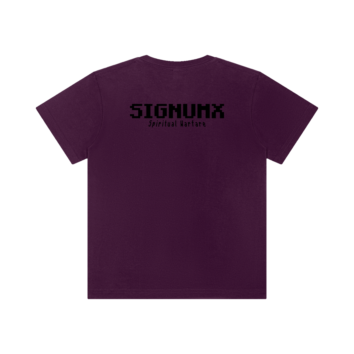 SIGNUMX Kids Spiritual Warfare Shirt in Purple, back with 8-bit SIGNUMX Spiritual Warfare print
