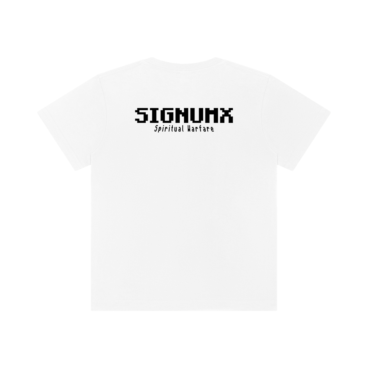 SIGNUMX Kids Spiritual Warfare Shirt in White, back with 8-bit SIGNUMX Spiritual Warfare print
