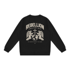 Black Rebellion Against Sin Catholic crewneck sweatshirt, back print of two angels kneeling at the cross over the world