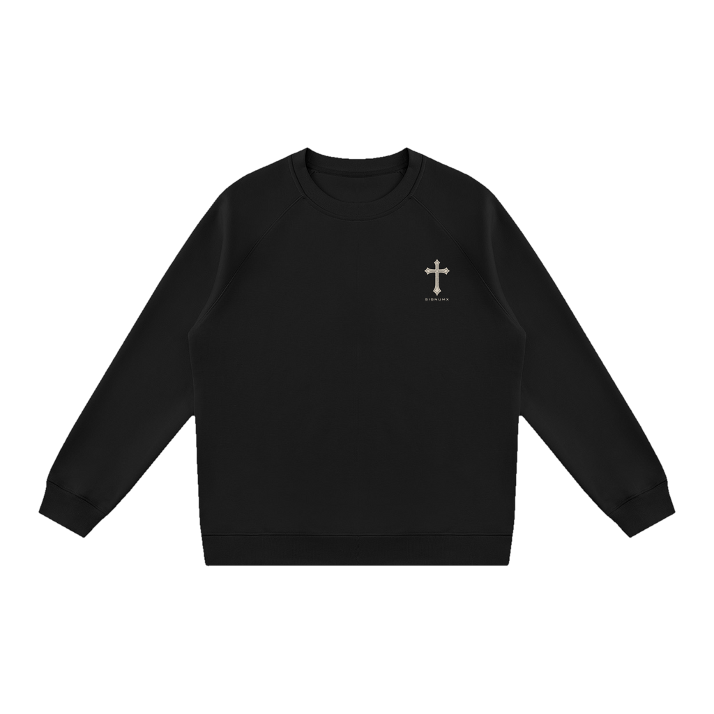 Black Rebellion Against Sin Catholic crewneck sweatshirt, front with small chest cross, flat