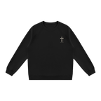 Black Rebellion Against Sin Catholic crewneck sweatshirt, front with small chest cross, flat