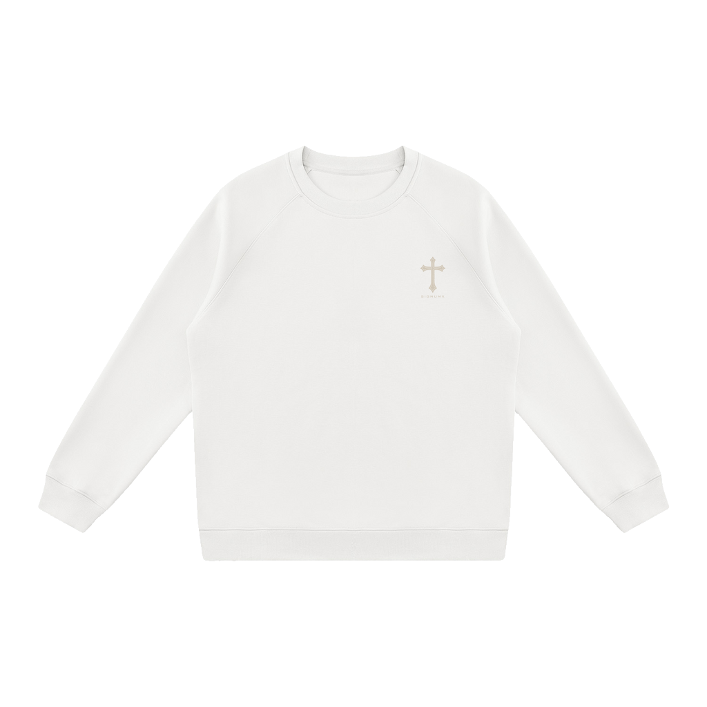 White Rebellion Against Sin Catholic crewneck sweatshirt, front with small chest cross, flat