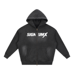 Black washed SIGNUMX Catholic zip hoodie, white chest print, front
