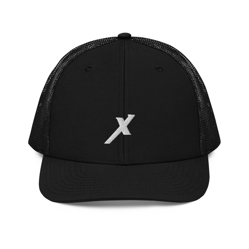 SIGNUMX Cross trucker hat, black – front, embroidered white X (Sign of the Cross)