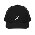 SIGNUMX Cross trucker hat, black – front, embroidered white X (Sign of the Cross)