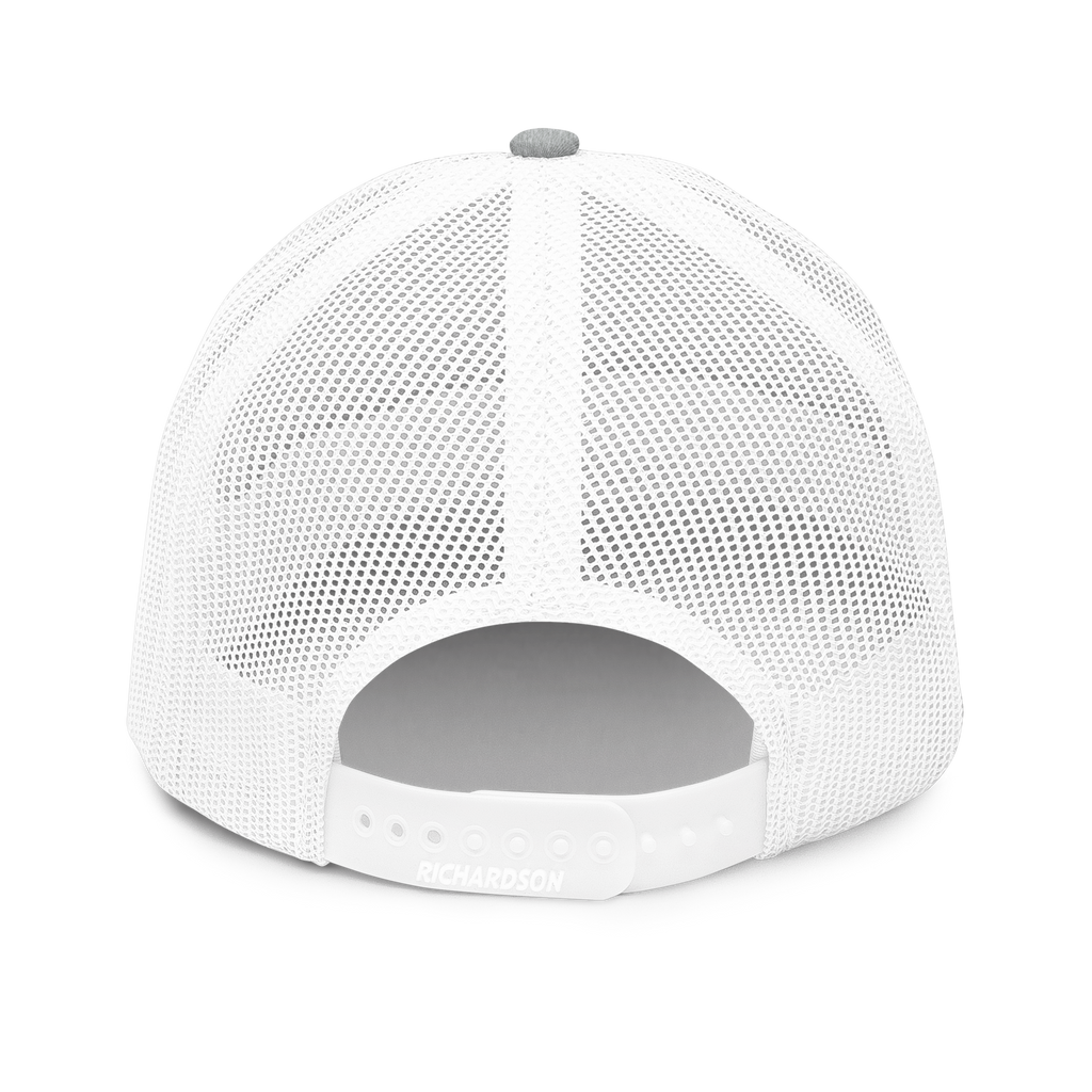 SIGNUMX Cross trucker hat, Heather Grey with white mesh – back, snapback closure