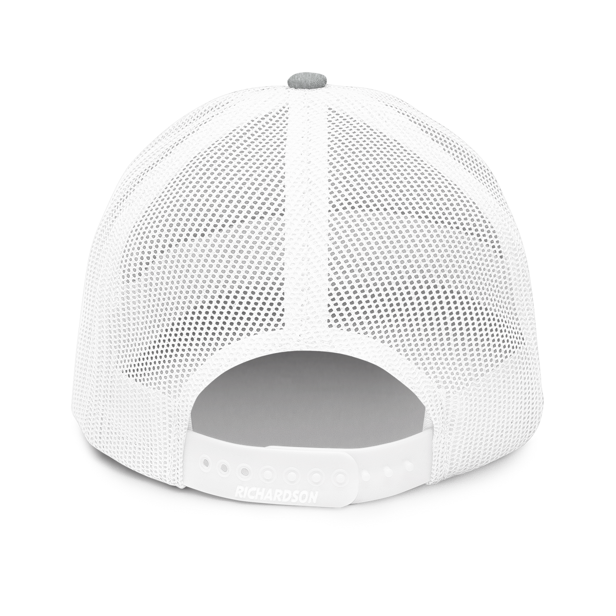 SIGNUMX Cross trucker hat, Heather Grey with white mesh – back, snapback closure