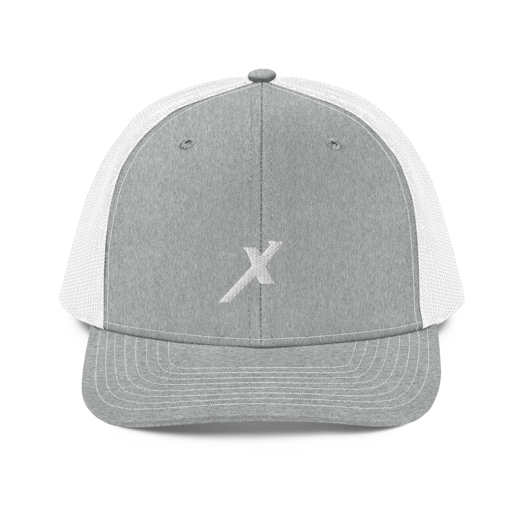SIGNUMX Cross trucker hat, Heather Grey with white mesh – front, embroidered white X