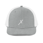 SIGNUMX Cross trucker hat, Heather Grey with white mesh – front, embroidered white X