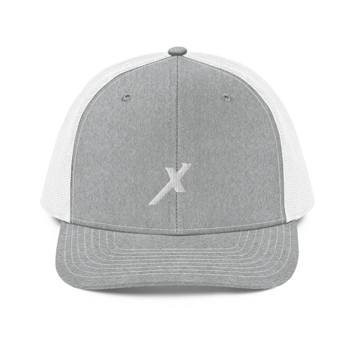 SIGNUMX Cross trucker hat, Heather Grey with white mesh – front, embroidered white X