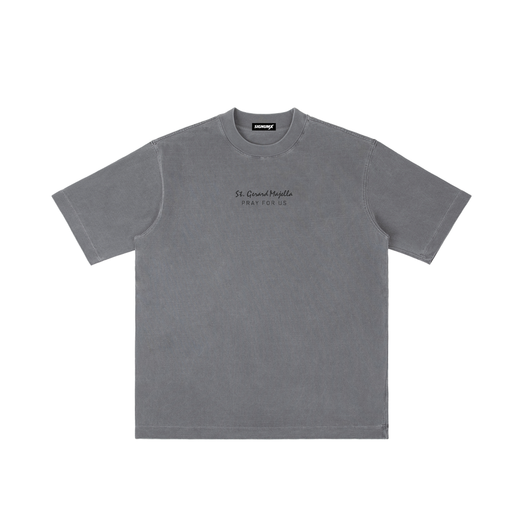 St. Gerard Majella | Pray for Us Embroidered Heavyweight Vintage Wash Drop-Shoulder Shirt in Gray - Front