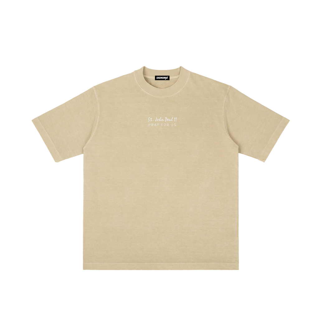 St. John Paul II | Pray for Us Embroidered Heavyweight Vintage Wash Drop-Shoulder Shirt in Khaki - Front