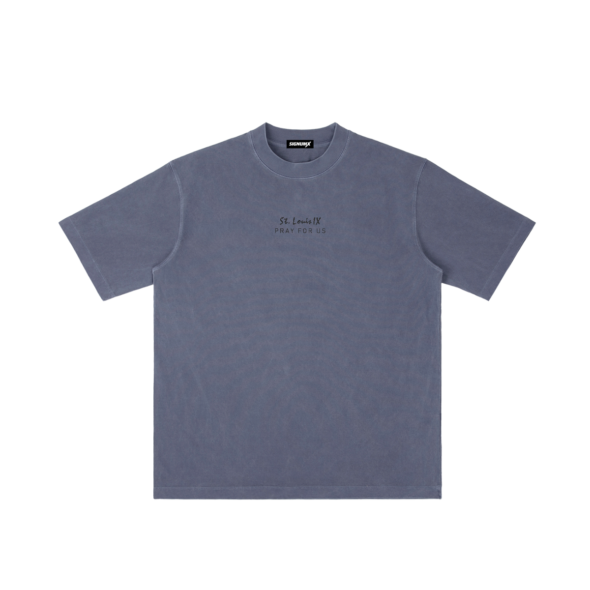 St. Louis IX | Pray for Us Embroidered Heavyweight Vintage Wash Drop-Shoulder Shirt in Navy Blue - Front