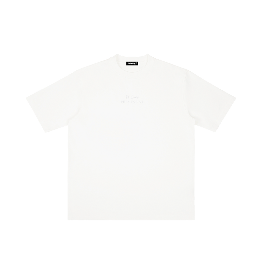 St. Lucy | Pray for Us Embroidered Heavyweight Vintage Wash Drop-Shoulder Shirt in White - Front