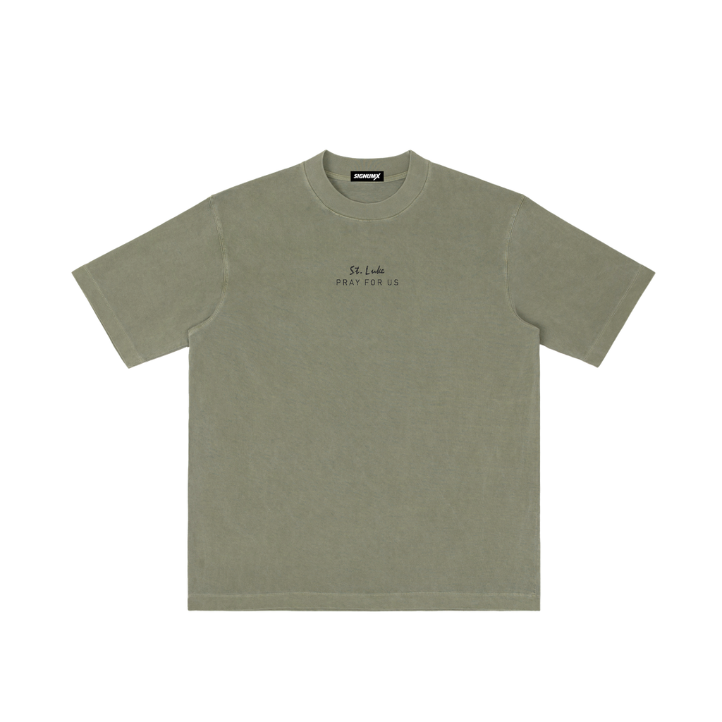 St. Luke | Pray for Us Embroidered Heavyweight Vintage Wash Drop-Shoulder Shirt in Army Green - Front