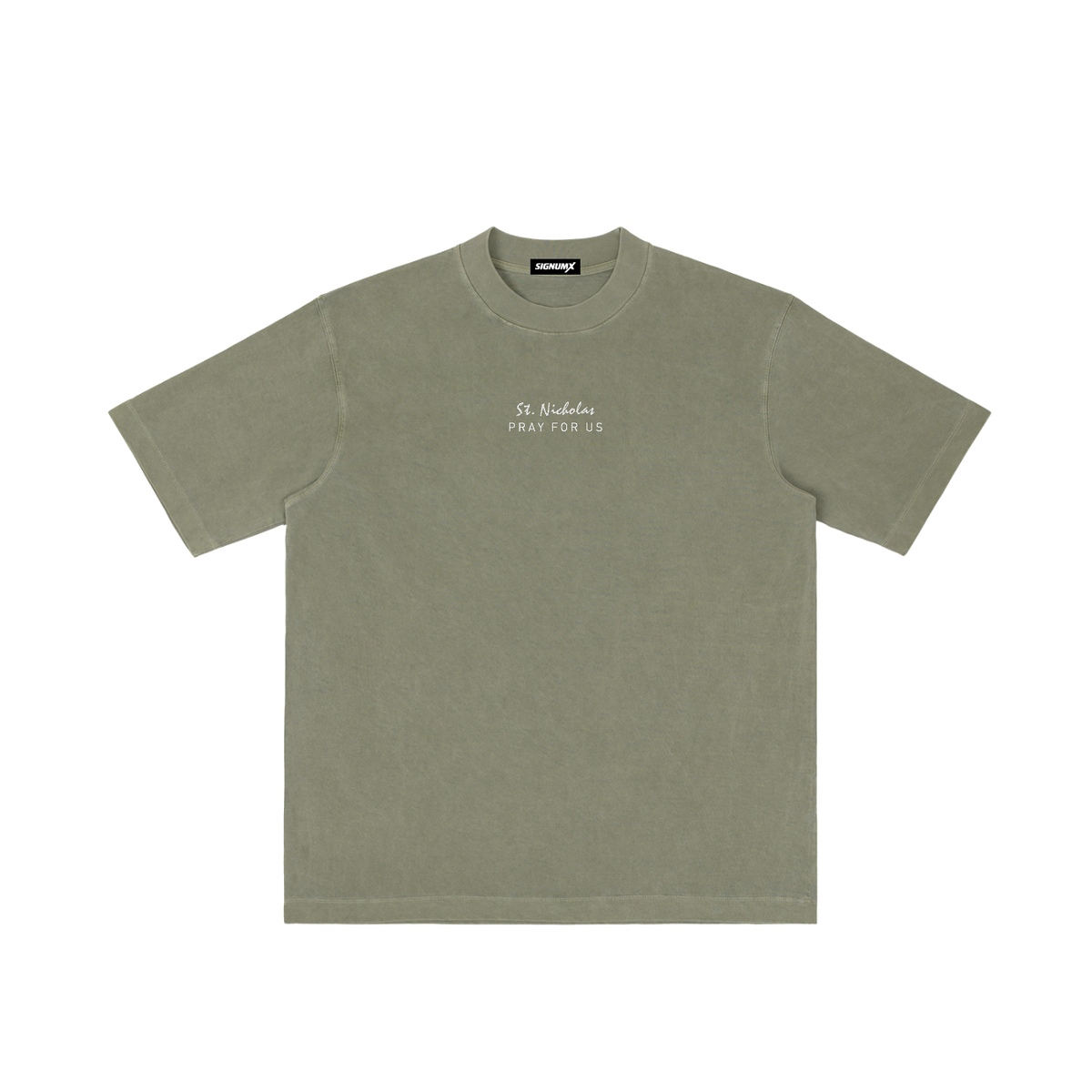 St. Nicholas | Pray for Us Embroidered Heavyweight Vintage Wash Drop-Shoulder Shirt in Army Green - Front