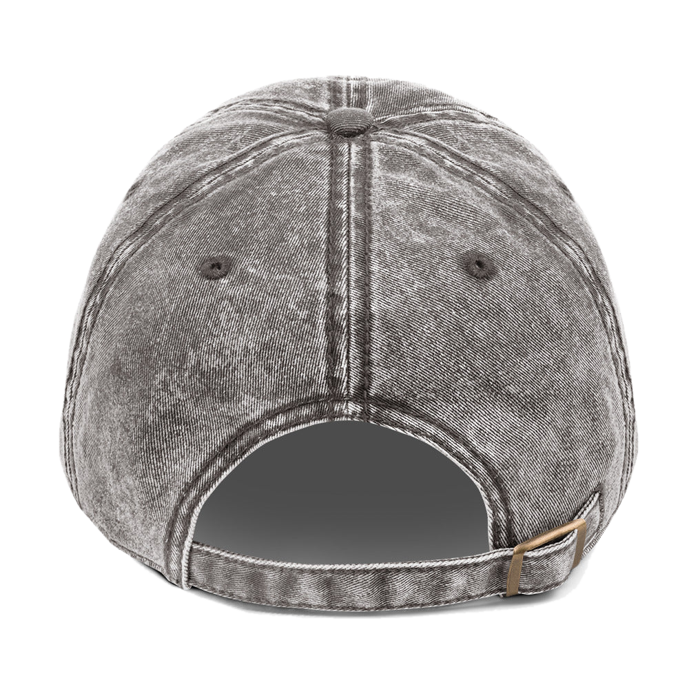 Women's SIGNUMX dad hat in charcoal grey vintage wash, back view with brass buckle strap